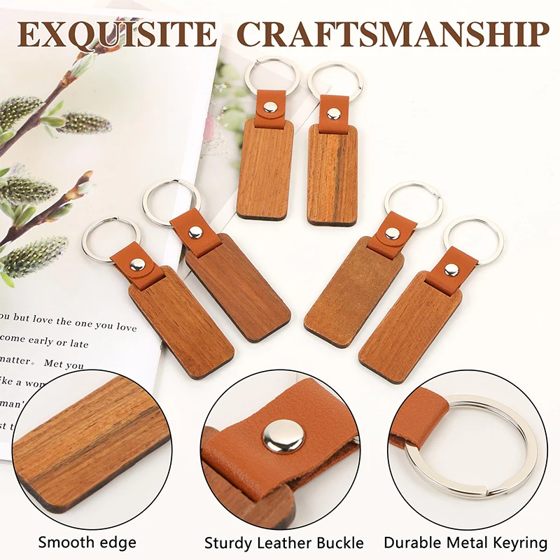 10Pcs Wooden Keychain Blank with Leather Strap Unfinished Wood Keychain for DIY Various Key Tags Craft Gift image 2