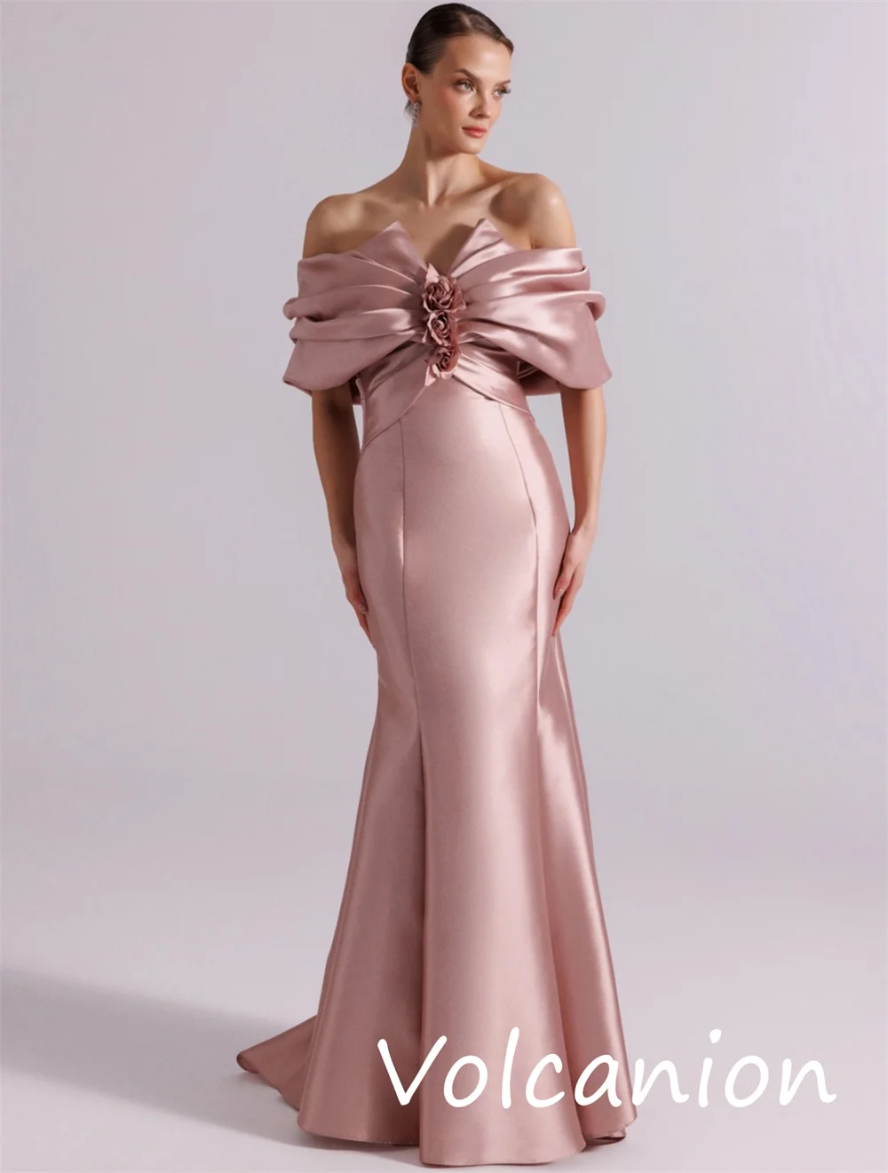 Personalizado de alta qualidade charmeuse flor plissado trompete fora do ombro vestidos longos sob medida ocasião retro