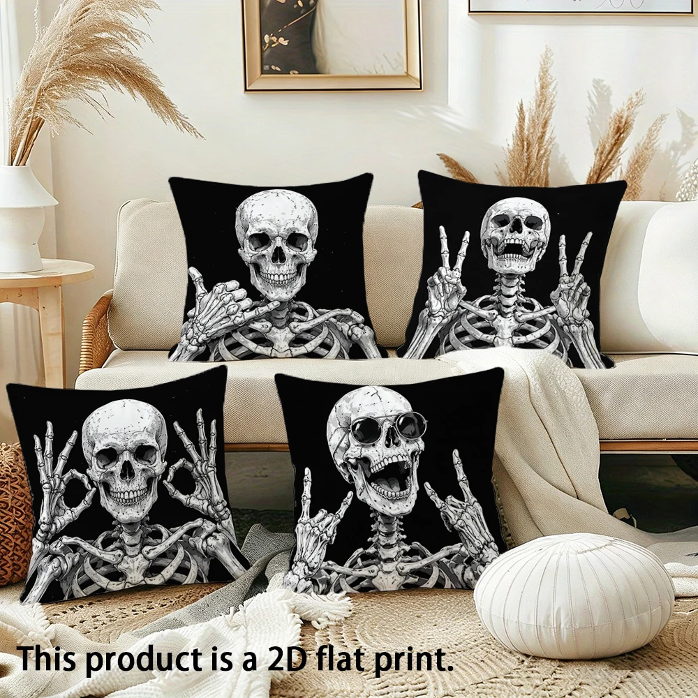 1pc Halloween Skeleton Throw Pillow Cover, 2D Flat Print Spooky Skull Decorative Pillow Case for Home Living Room Bedroom Couch