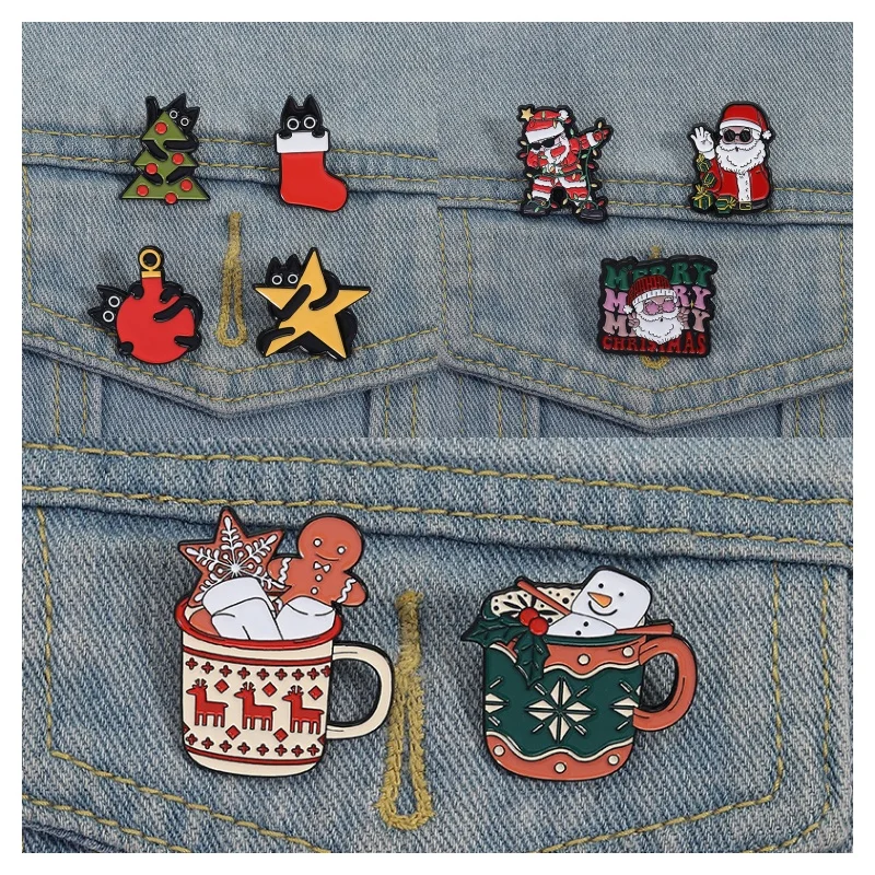 2/3/4pcs/set Christmas Gift For Women Men Brooches Enamel Pins Santa Claus Cute cat Brooch New Year clothing pokemon Pin jewelry