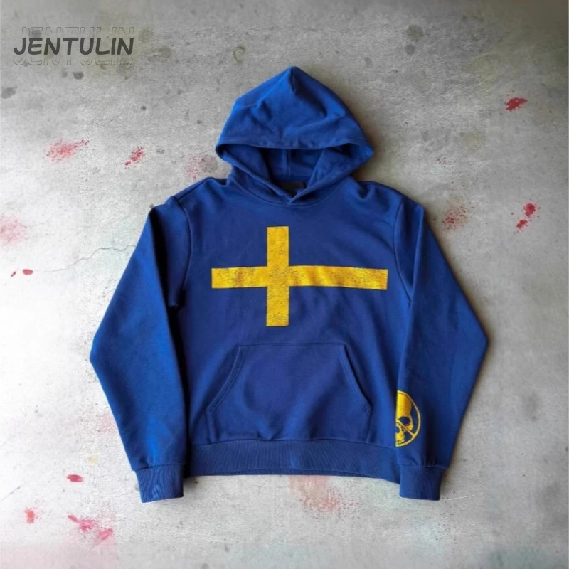 Felpa con cappuccio unisex stile americano Cross Element Felpa con cappuccio unisex Tendenza retrò Allentata Casual Versatile Top Grunge Klein Felpa con stampa di lettere blu