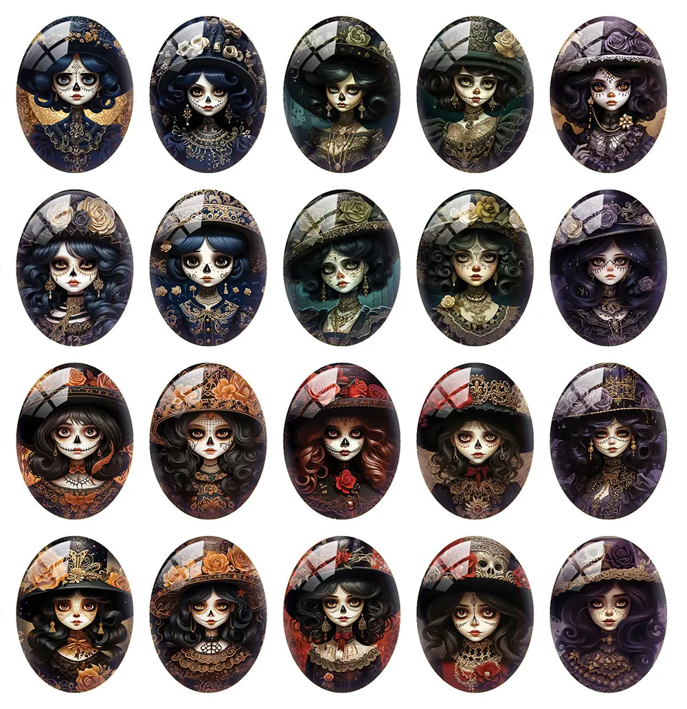 10pcs/lot Oval Photo Glass Cabochon Gothic Darkness Girl Flower Flatback Charms Demo Flat Back Cameo For Diy Jewelry Findings