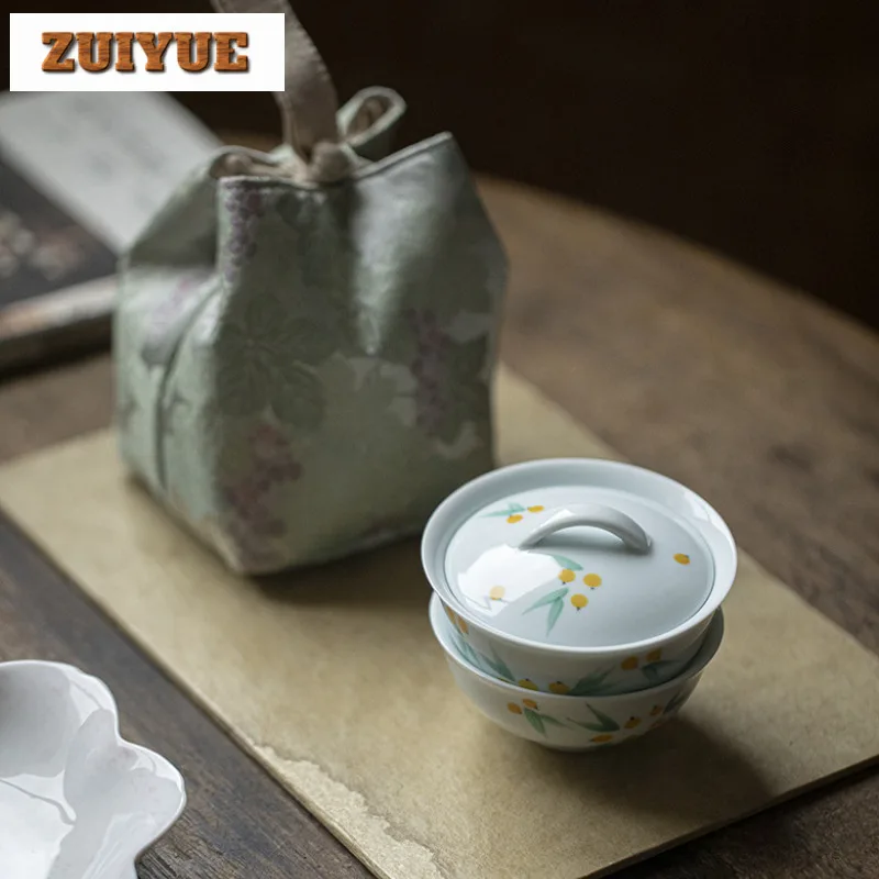 Hand-painted Loquat Cover Bowl Set Portable Travel Tea Set With Brocade Tea Bag Ancient 1 Pot 1 Cup Tea Maker Organizer Ornament