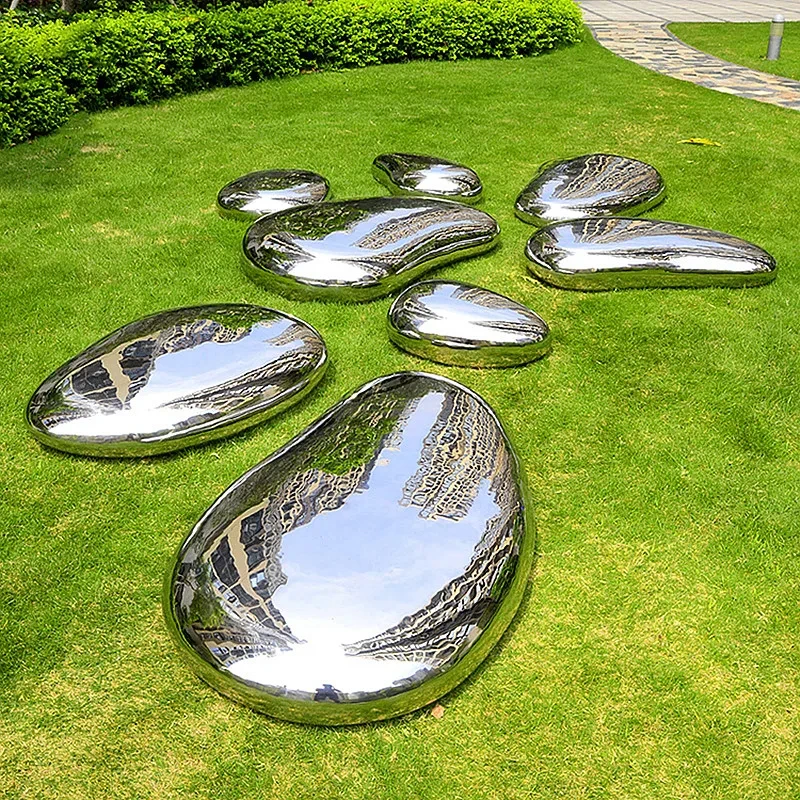 

Park Landscape Stainless Steel Mirror Sculpture Large Outdoor Furnishing Metal Cobblestones Pebbles Art Decoration