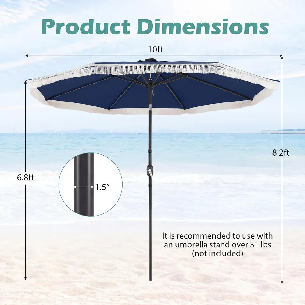 10 Ft Solar Patio Umbrella With 24 LED Lights, 8 Metal Ribs, Crank And Tilt, Polyester Fabric, Outdoor Sun Shade For Yard, Pool, Restaurant, Navy Blue