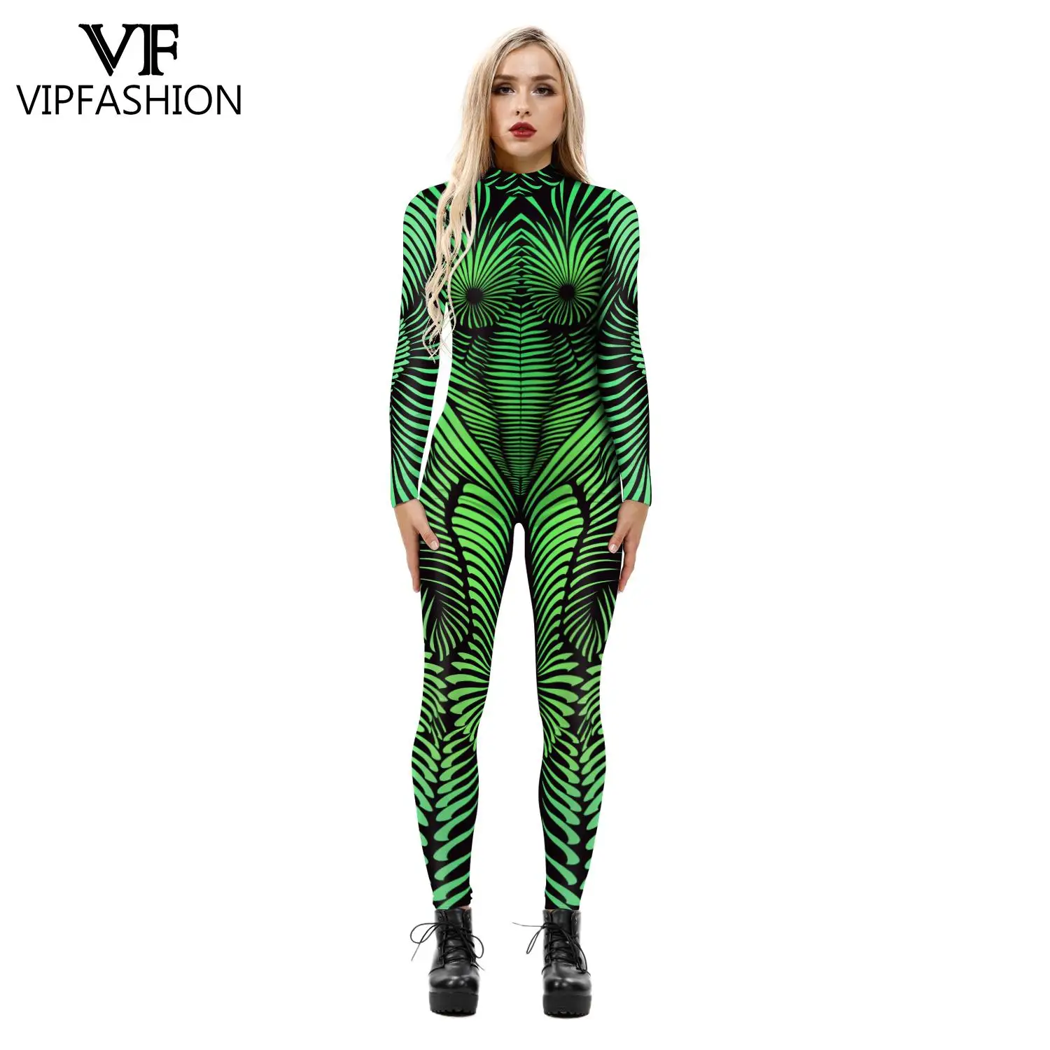 VIP FASHION-Costume de Cosplay d'Halloween Vert pour Femme Adulte, Zentai, Costumes de Batterie, ix, Spectacle, Tenue artificiel astique et Moulante, Combinaison de Festival