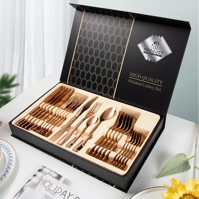 

24PCS Dinnerware Tableware Cutlery Dinner Set Cutlery Sets Dishes Knives Forks Spoons Western Kitchen Gold Stainless Steel