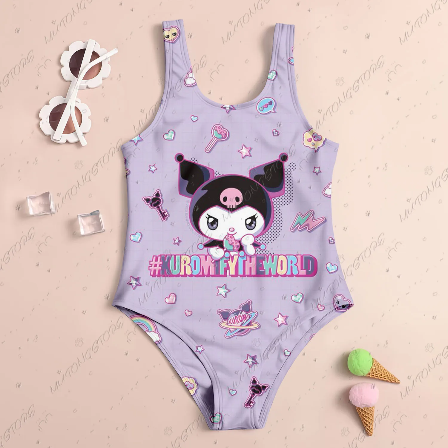 2025 New Cute Children One-Piece Swimsuit Sanrio Kuromi 3D Print Girl Women Swimsuit Soft Breathe Kids Summer Seaside Clothes