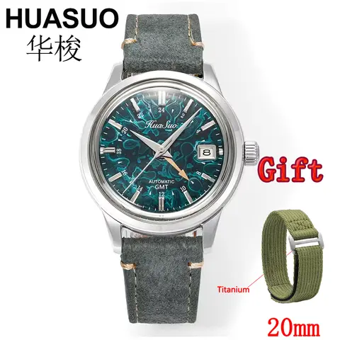 HUASUO  Automatic Movement NH34 Sapphire Crystal 39mm High-end Luxury Handmade Lacquer  Dial GMT Watches 5Bar Waterproof