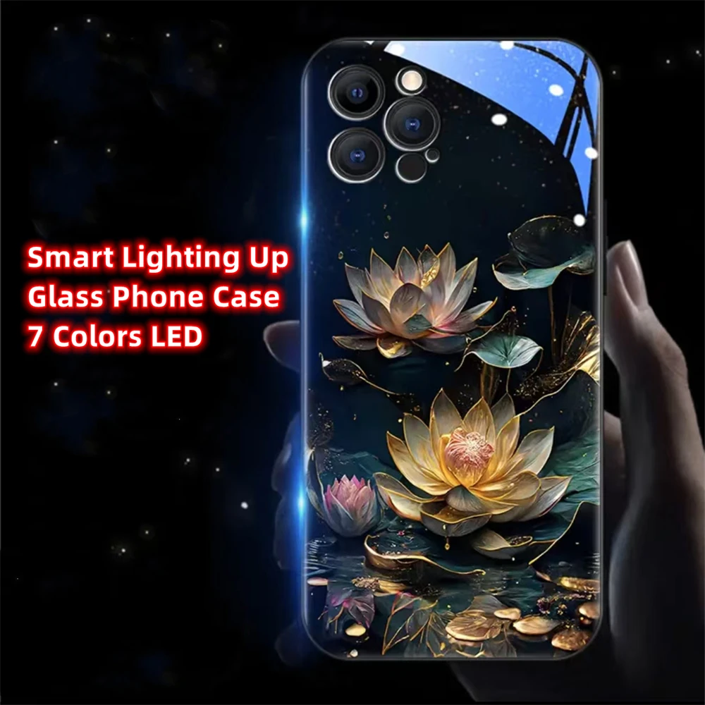 

Golden Lotus Flower Sound Control LED Flash Case Luminous Glass Cover For iPhone 15 14 13 12 11 Pro Max X XR XS Plus 7 8 SE2020