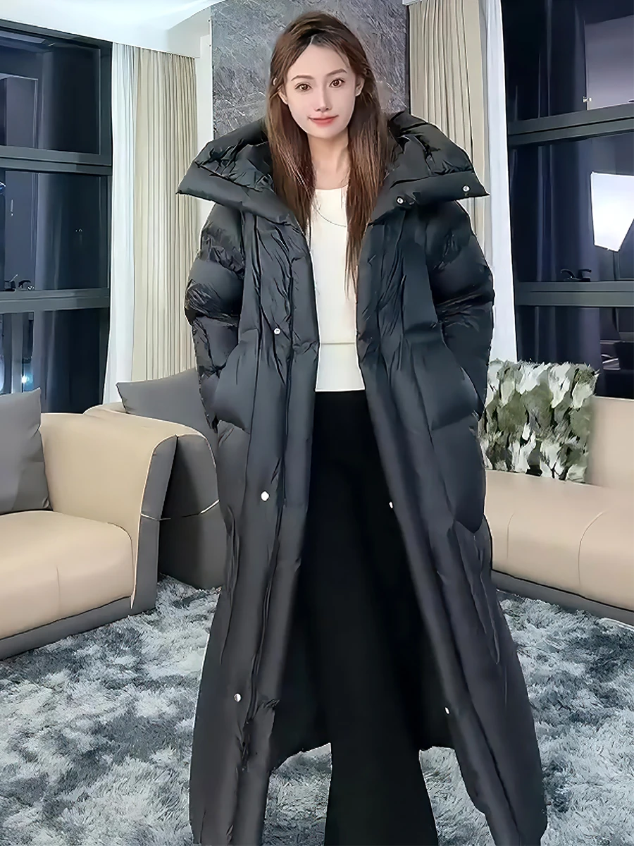 여성용 롱 화이트 다운 패딩 재킷, 푹신한 브레드 스타일 겨울 코트, 따뜻한 출퇴근용, 모자 포함