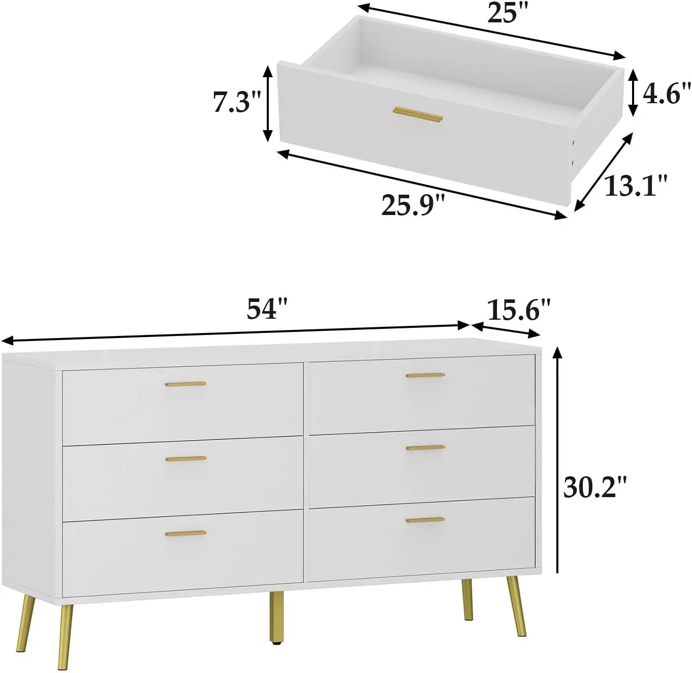 54” 6  Modern 6-Drawer Chest with Gold Metal Handles, Bedroom Dresser with Gold Metal Legs, for Living Room Entryway White (54”W