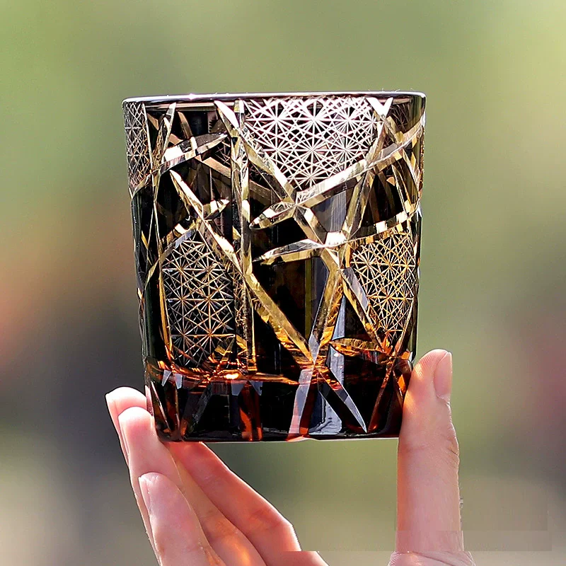 

Japanese Royal Special Retro Wine Tumbler, Hand Cut, Flashing Lightning Design, Amber Whiskey Glass, High End Gift Box, Edo Kiri
