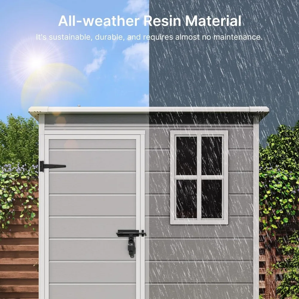 5x3 Foot Resin Outdoor Storage Shed with Flooring, Waterproof Lockable Storage Shed, Windows, Outdoor Tool Storage Shed, Gray