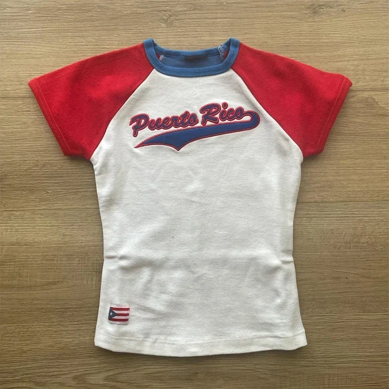 

Gothic Y2K Summer Fine-Cut Top Women's Punk Letter Embroidered Graphics Street Junk Football T-Shirt Sports Leisure