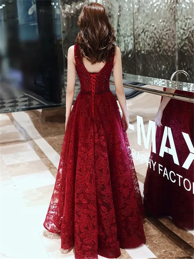 Wine Red Dress Solid Color Sequin V-neck Long A-line Skirt Elegant Evening Gown M047