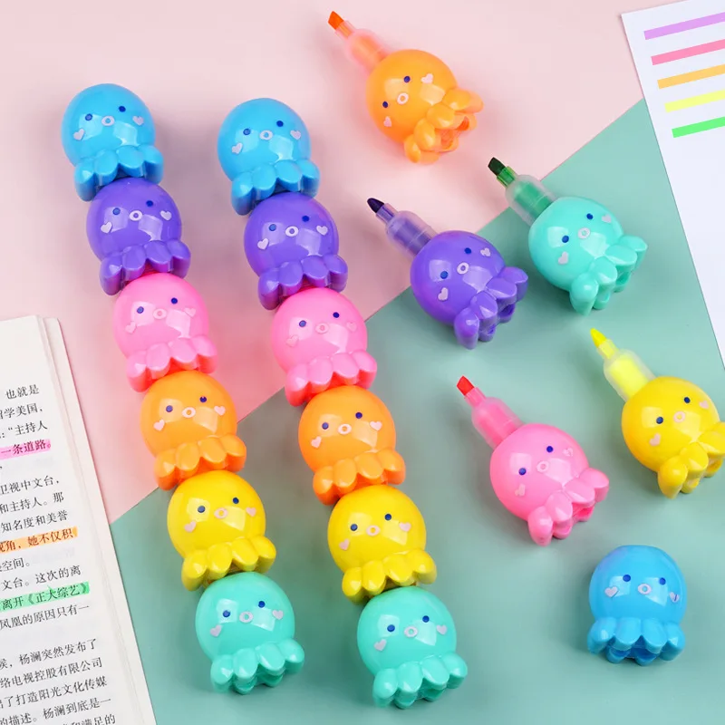 5 Colors Octopus Bear Fluorescent Marker Pen Set Highlighter Pens Painting Highlight Cartoon modeling Fluorescent pen