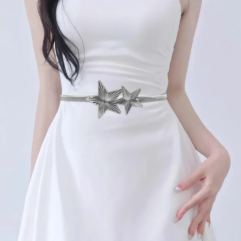 موضة مرونة الخصر حزام على شكل سلسلة الإناث الخصر نجوم أحزمة معدنية للنساء جودة عالية فاخرة مصمم الذهبي رقيقة تمتد ريم