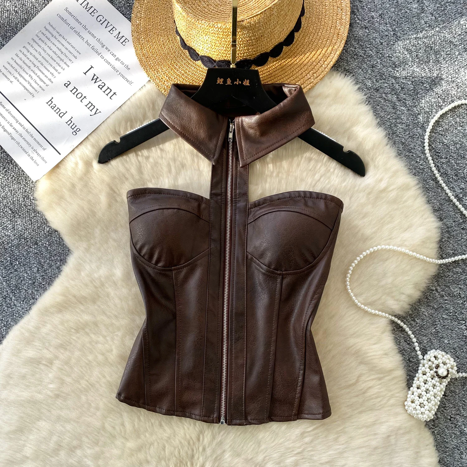 

Elegant Sexy zipper Fashion Tank Top Off Shoulder Birthday Party Club Crop Top autumn Women Clothing