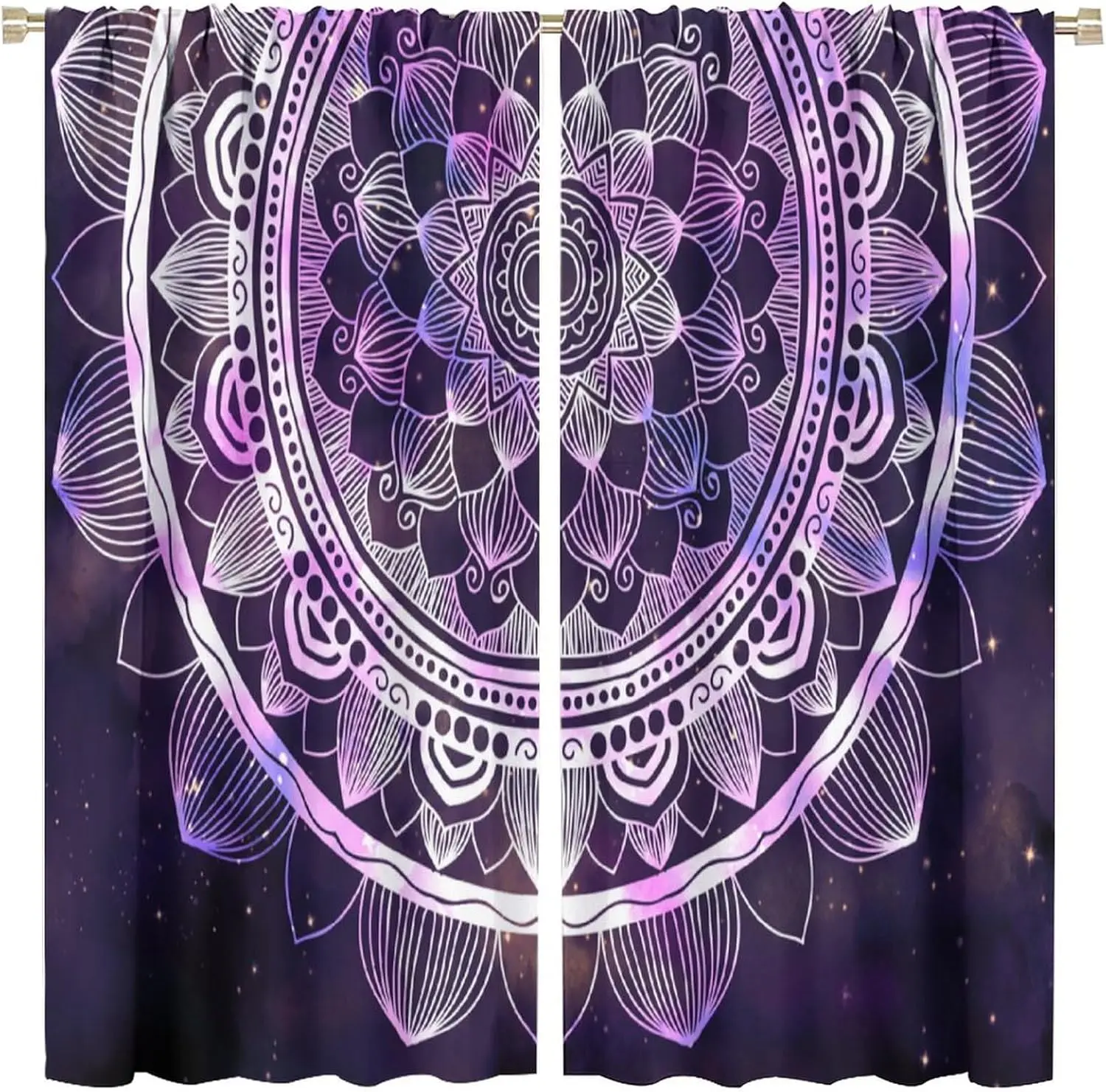 Cortina Mandala Galaxia Púrpura, 2 Paneles, Bloques de Color, Líneas Blancas, Mandala Floral, Estampado de Nebulosa y Estrellas, Estilo Boho Místico para Dormitorio y Hogar