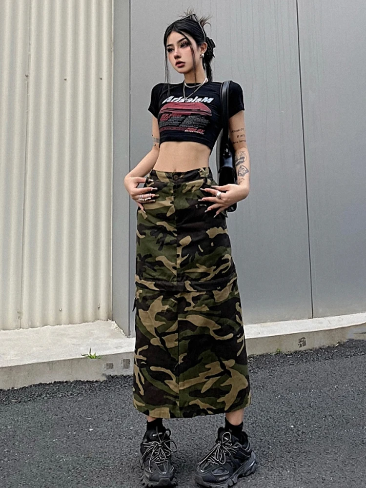 SONNEESD Summer New Streetwear Harajuku Diablo Denim Skirt High Waist Detachable Loose A-Line Vintage Camouflage Tooling Skirt