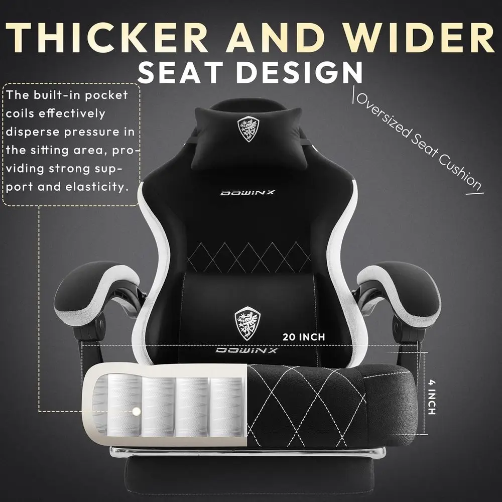 Ergonomic Breathable Fabric Gaming Chair with Lumbar Support, Adjustable Height and Footrest for Adults, Black view 2