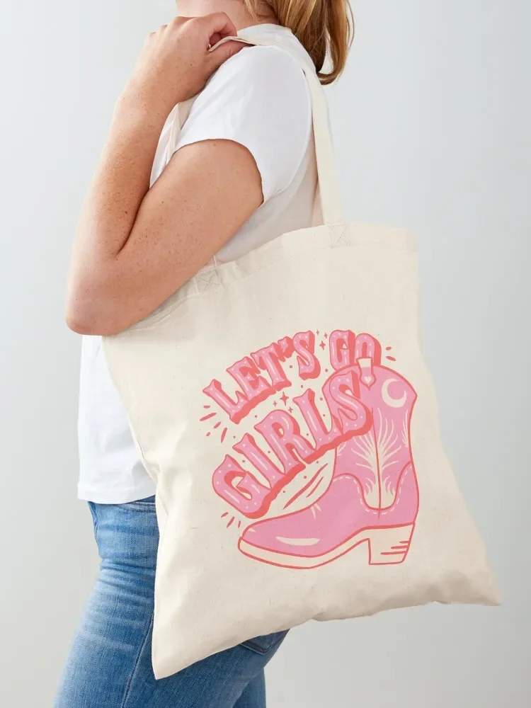 Let's Go Girls Pink Cowboy Cowgirl Rodeo Boot Preppy Aesthetic Bachelorette Party HOWDY Y'ALL White Background Tote Bag