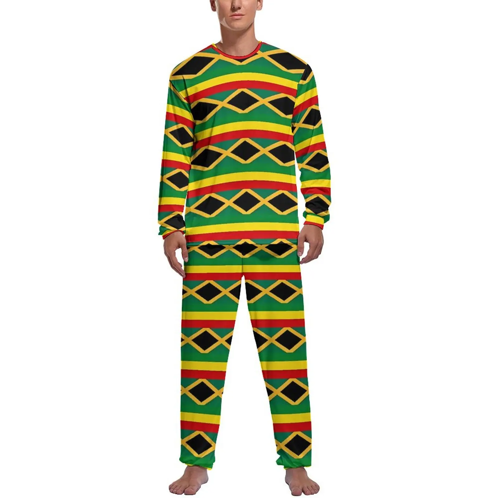 Jamaican Flag Pajamas Yellow Red Stripes Man Long Sleeve Warm Pajamas Set 2 Pieces Night Autumn Printed Nightwear Birthday Gift