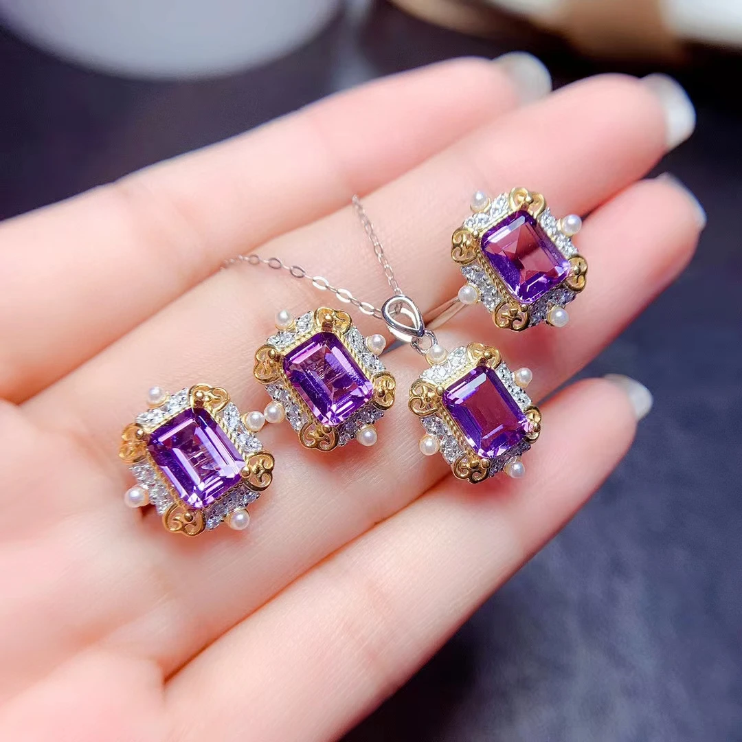 MeiBaPJ Natural Amethyst Fashion Fine Wedding Jewelry Set 925 Pure Silver Necklace Ring Earrings 3 Pieces Suit for Women