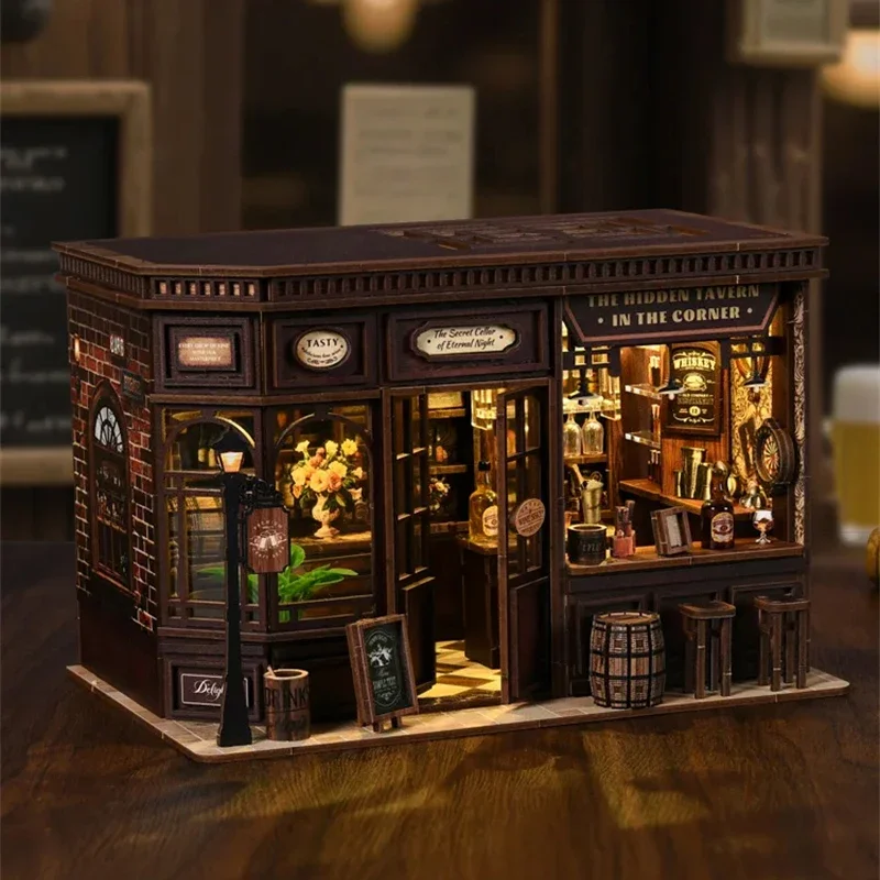 

NEW Retro DIY Wooden Corner Tavern House Figurines Miniatures Kits With LED Lights Home Desk Decoration For Adult Handmade Gifts