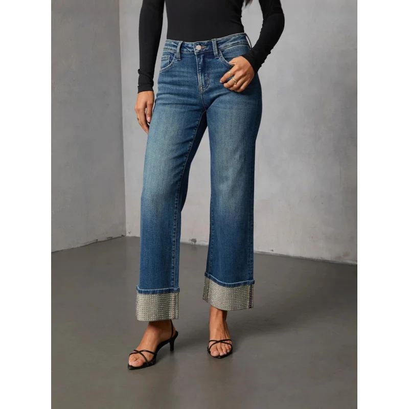 Women's Straight Leg Jeans Casual Washed Diamond Detail Autumn Fashion 2026 Comfortable Fit High Waist Mid-Length