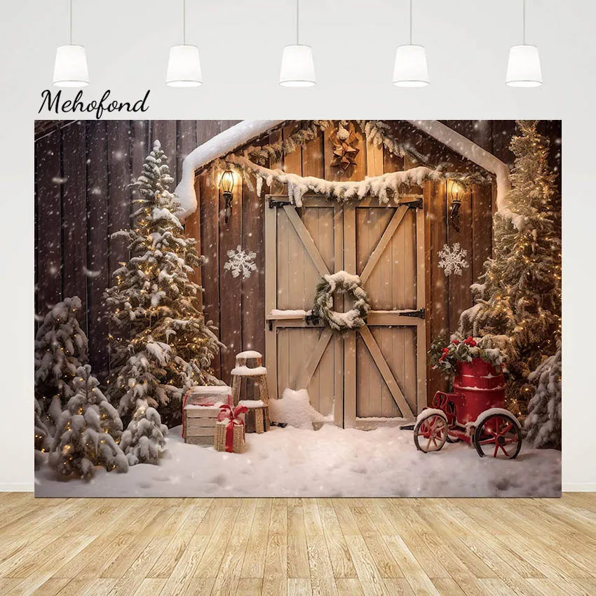 Mehofond Christmas Rustic Wooden Door Decoration Studio Backdrop Pine Forest Night Snowflake Background Child Portrait Photozone