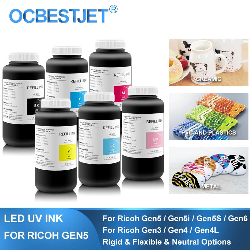 6×1000ML G3 G4 G5 G5i G6 Głowica drukująca Sztywny, twardy atrament UV LED do Ricoh Gen3 Gen4 Gen4L Gen5 Gen5i Gen5S Gen6 KCMYWW