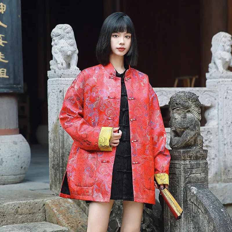 

Red Wedding Sister up Performance Tang Suit Floral Embroidery Outerwear Jaet Hanfu Autumn Winter Thiened Warm Casual