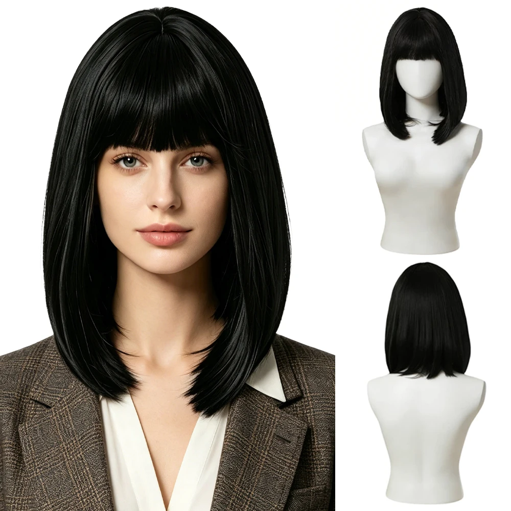 

Black Shoulder Length Bob Wig Straight Hair with Bangs Heat Resistant Synthetic Wig For Women Daily Party Cosplay Costume Wig