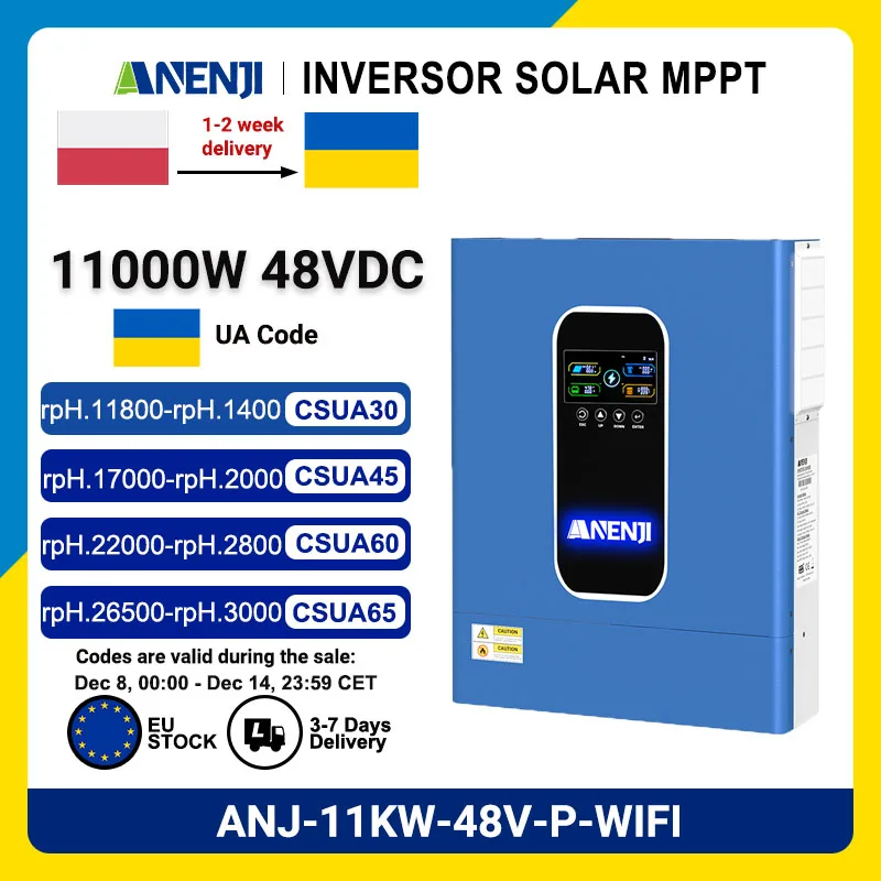

ANENJI 2025 New 11KW 48V Hybrid Solar Inverter Dual MPPT Pure Sine Inverter 230VAC 160A Color Screen Dual Output, Parallel Conne