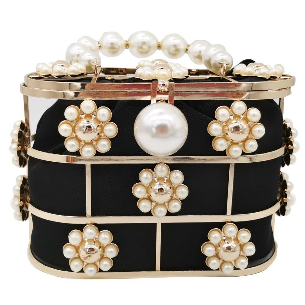 

Pearl Evening Clutch Bag,Hollow Out Flowers Beaded Metallic Clutch Purse,Korean Bucket Handbag for