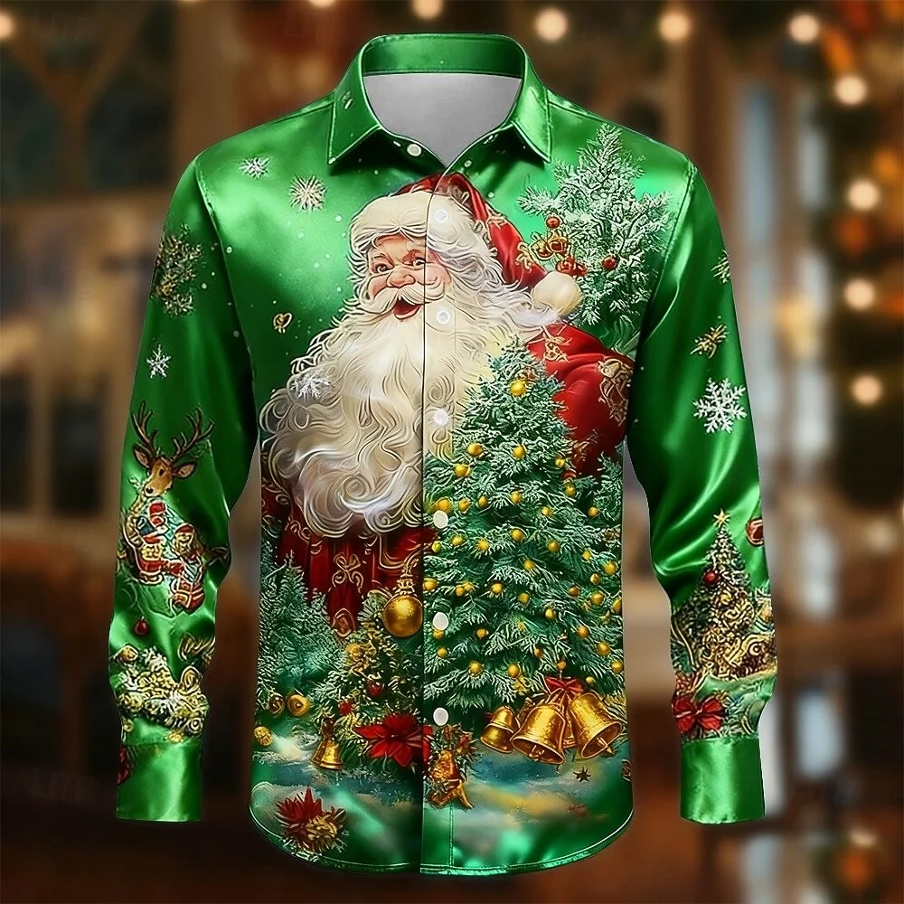 

Men's plus Size Long Sleeved Christmas Shirt Fashionable Holiday Casual Lapel 3D Printed Role-Playing Themed Party Clothing