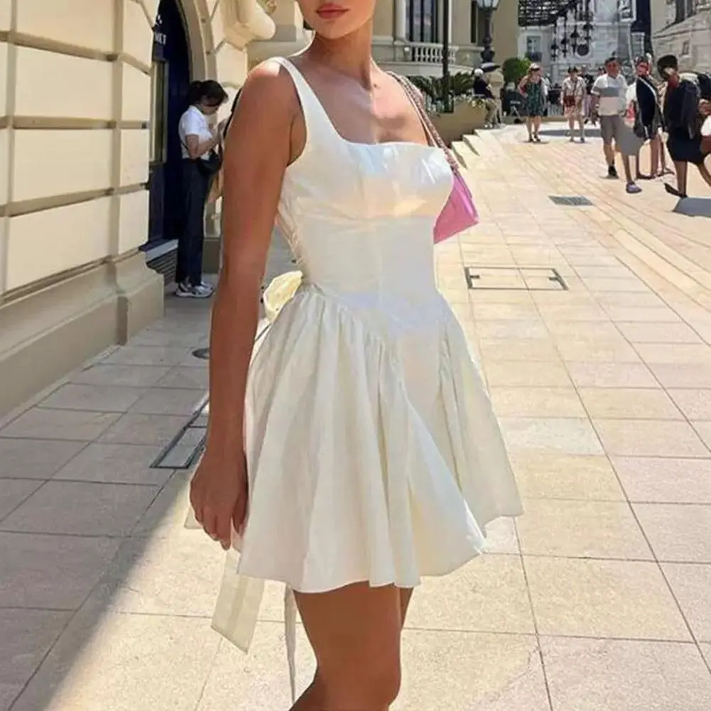 Women Prom Dress Solid Color Women Dress Elegant Lace-up Bow A-line Dress for Women Princess Style Mini with Big Hem Square Neck