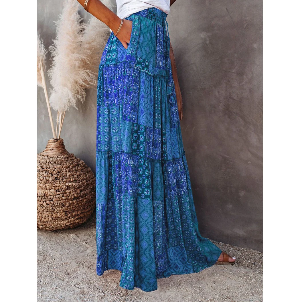 Bohemian High Waist Maxi Skirt Self-tie Elastic Pocket Long Skirt for Women  Summer  Holiday Beach Skirt AM5202