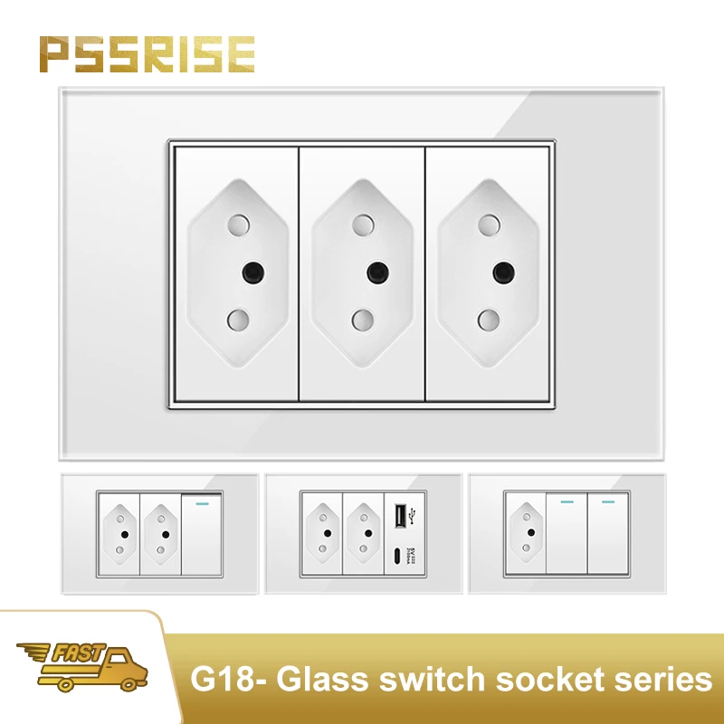 PSSRISE Brazil EU US Wall Power Socket with 5V 2.1A USB Type-c Charger Tempered Glass Panel Light Switch Wall Outlet 118*74mm