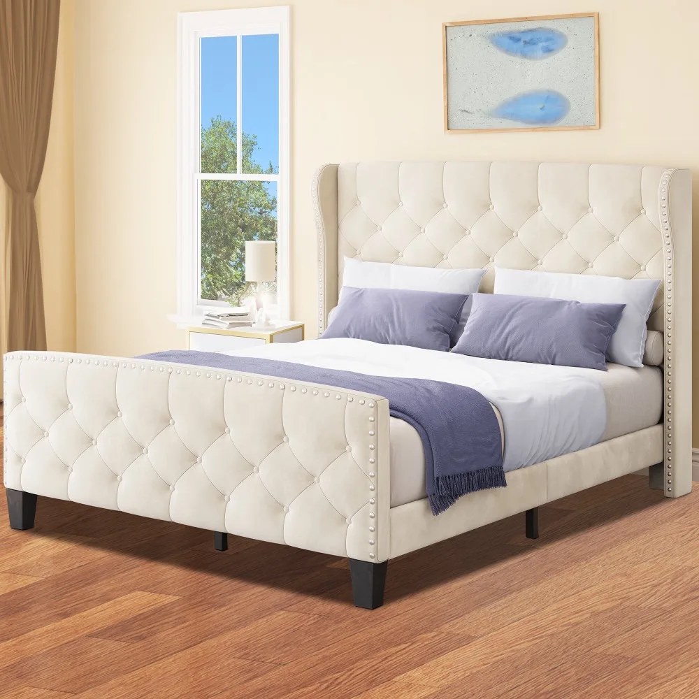 벨벳 헤드보드 침대 프레임 퀸 사이즈 이미지