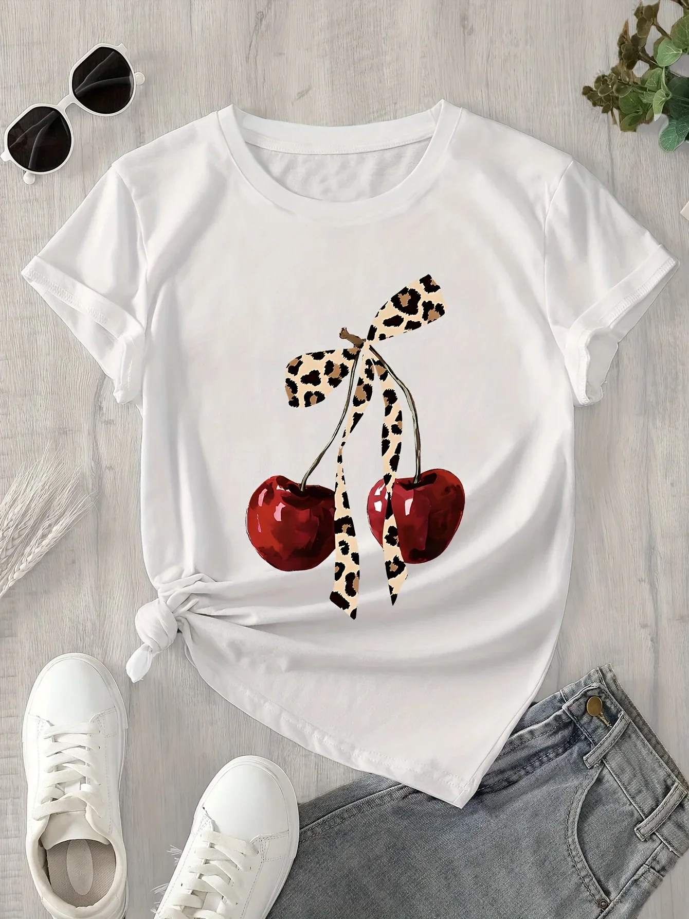 

Глянцевая вишневая женская повседневная одежда с леопардовым бантом и круглым вырезом, женская одежда, повседневная женская одежда, милые топы