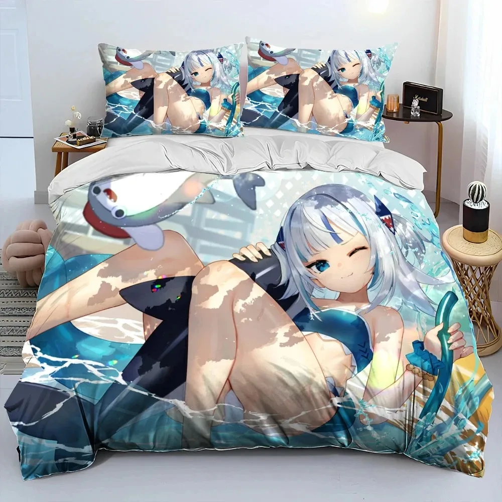 

3D New Cute Gawr Gura Hololive Anime Shark Comforter Bedding Set,Duvet Cover Bed Set Quilt Cover Pillowcase,king Queen Size