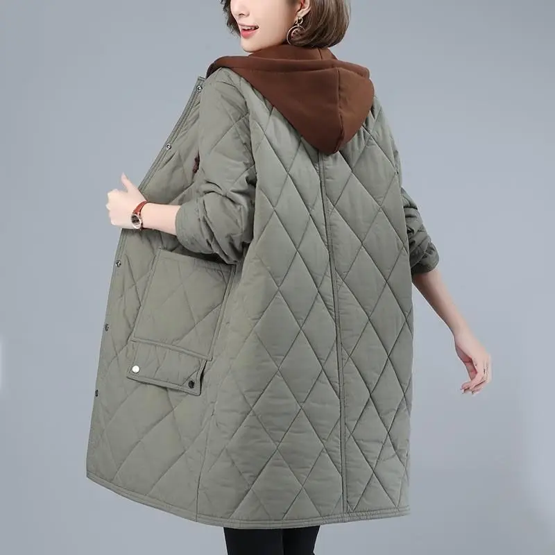 Women Coat 2023 Autumn Winter New Ladies Loose Hooded Patchwork Cotton Jacket Warm Long Loose Overcoat Casual Female