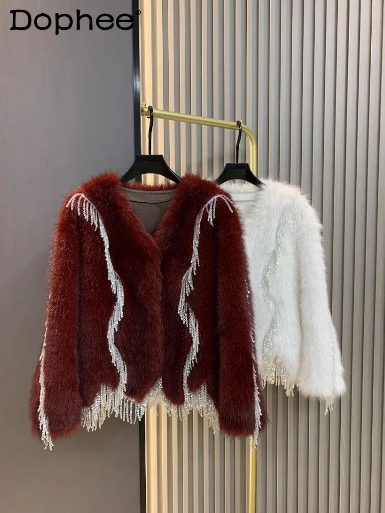 Imitation Fox Fur Heavy Industry Tassel Fur Coat Women's Winter New Thickened Warm Temperament Celebrity Faux  Fur Coat 2024