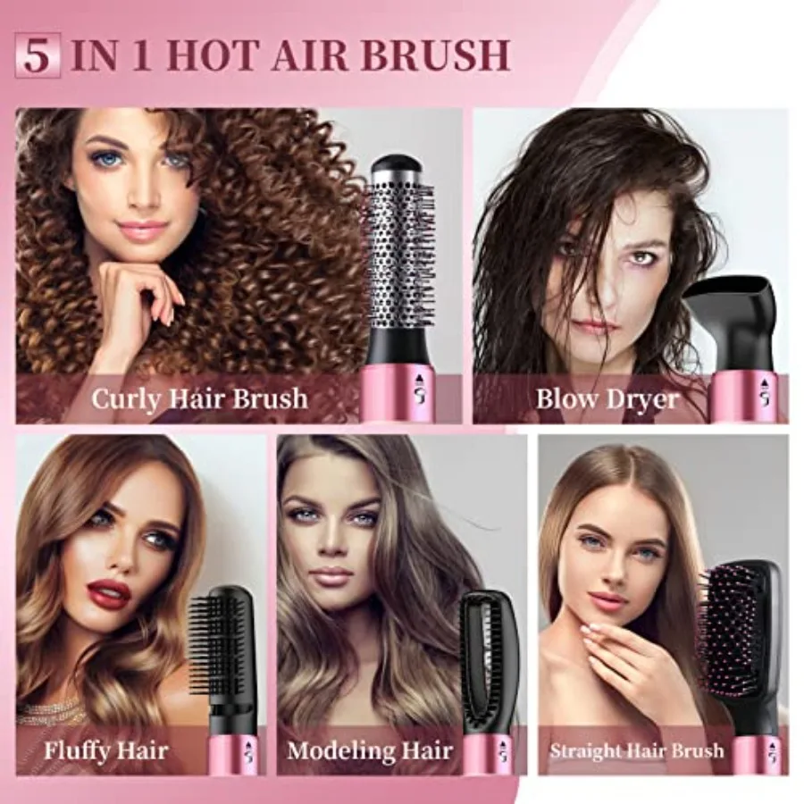 Bo'laiya 5-in-1 Hair Dryer Brush Negative Ion Hot Air Hair Dryer Brush Set Includes Curler, Straightener, Volumizer for All Hai
