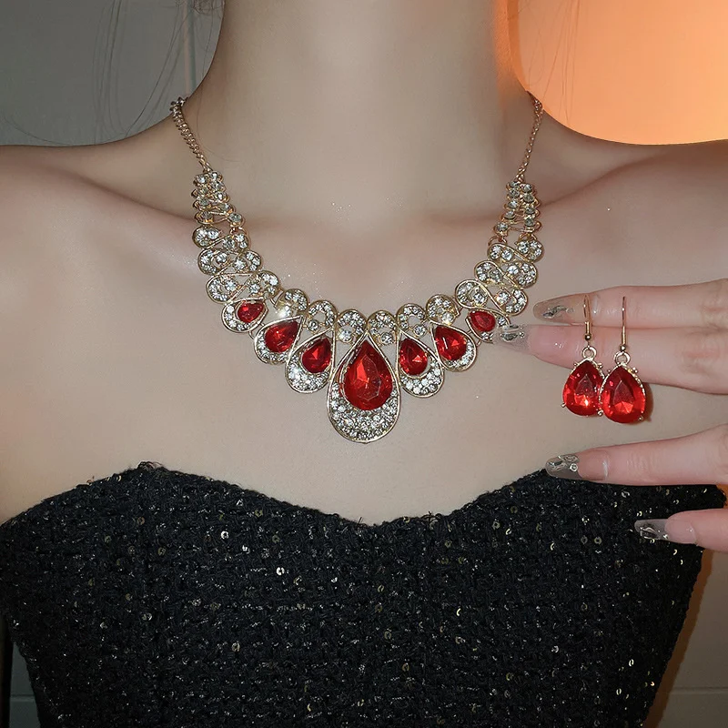 Luxury Necklace Earrings For Women Red Water Drop Crystal Earrings Weddings Banquet Jewelry Sets
