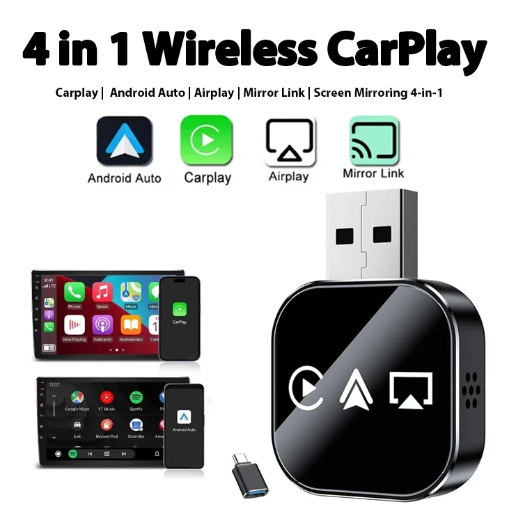 

Умный адаптер 4-в-1 для беспроводного подключения CarPlay для Apple iOS, Airplay, Android Auto, Mirror Link, Plug & Play, быстрое автоматическое подключение.
