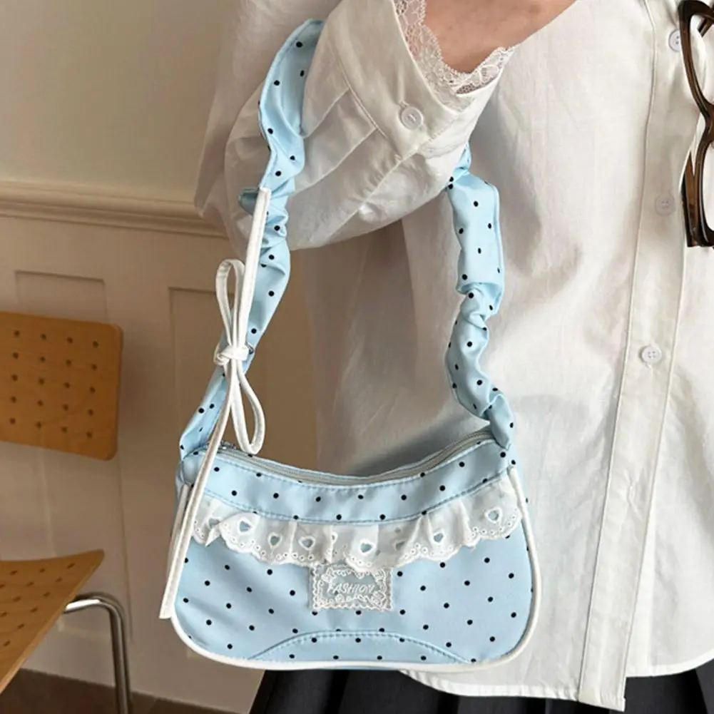Niedliche Spitzen-Schultertasche mit Tupfenmuster, Süße Unterarmtasche mit Schleife, Y2k Mode, Lässige Schultertasche, Umhängetasche – Detail 9